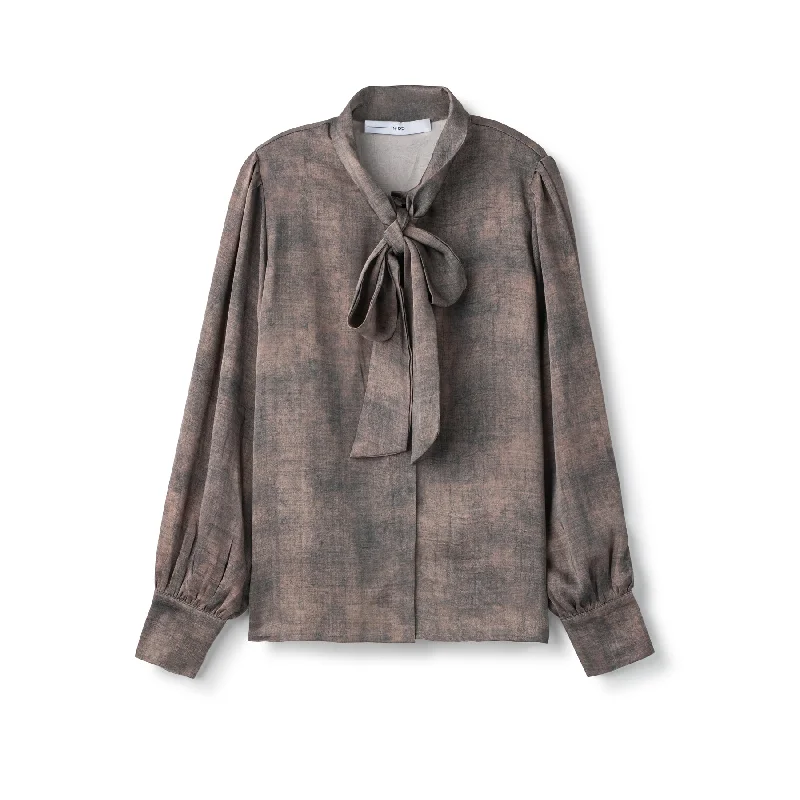 Silk Tie Blouse In: Brown/Black Off-Shoulder Wrap Blouse