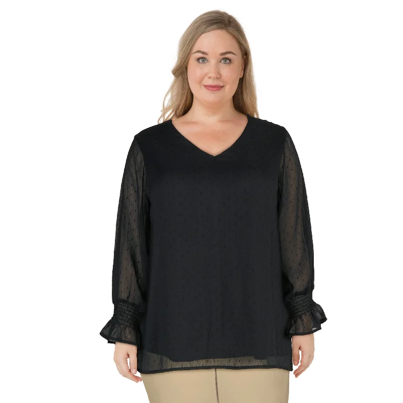 lily morgan Women's Plus Smocked Sleeve Blouse Elegant Embroidery Blouse