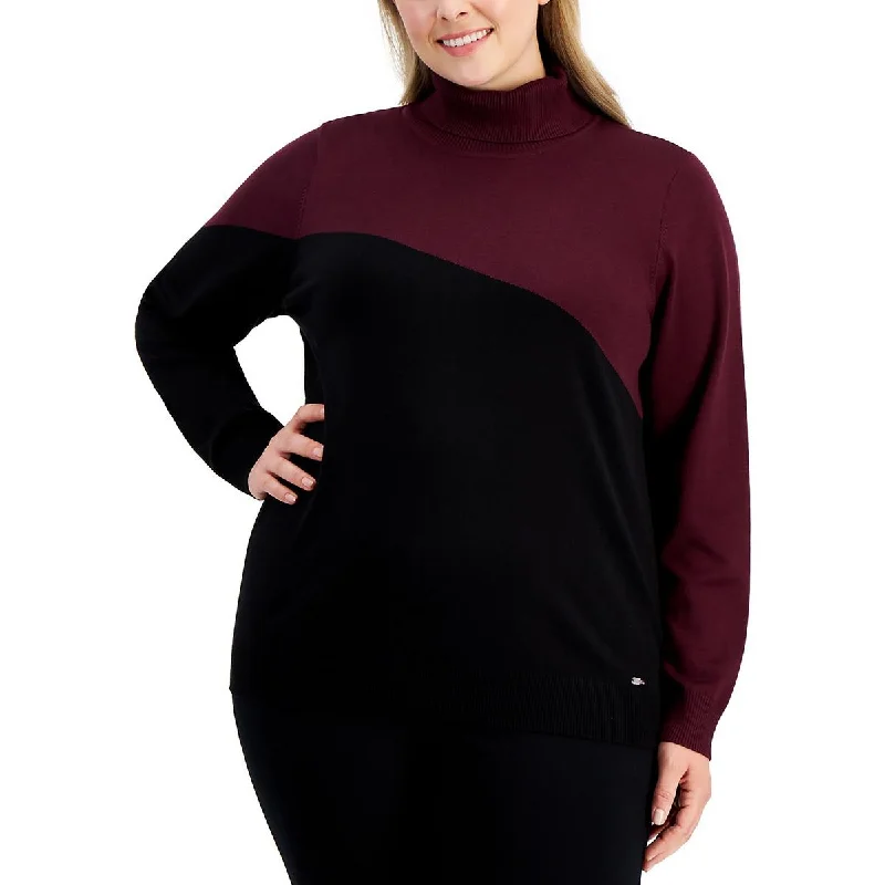 Plus Womens Colorblock Office Turtleneck Sweater Satin Fabric Silk Fabric Chiffon Fabric