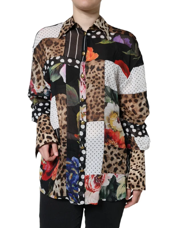 Multicolor Patchwork Silk Collared Blouse Top Classic Minimalist Blouse