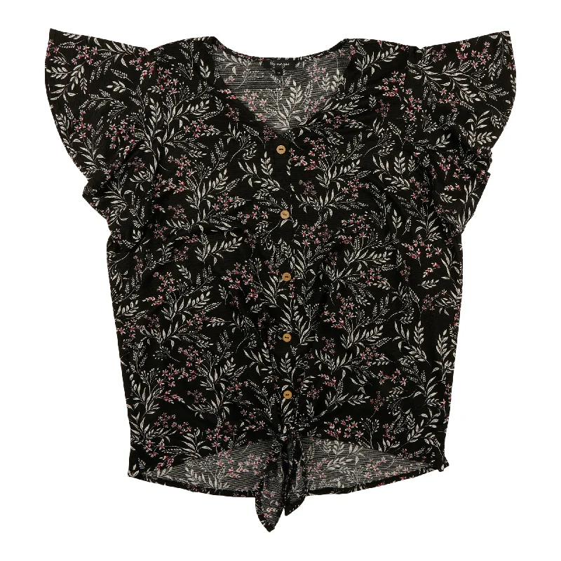 lily morgan Women's Plus V-Neck Tie-Front Blouse Frilled Cuff Blouse