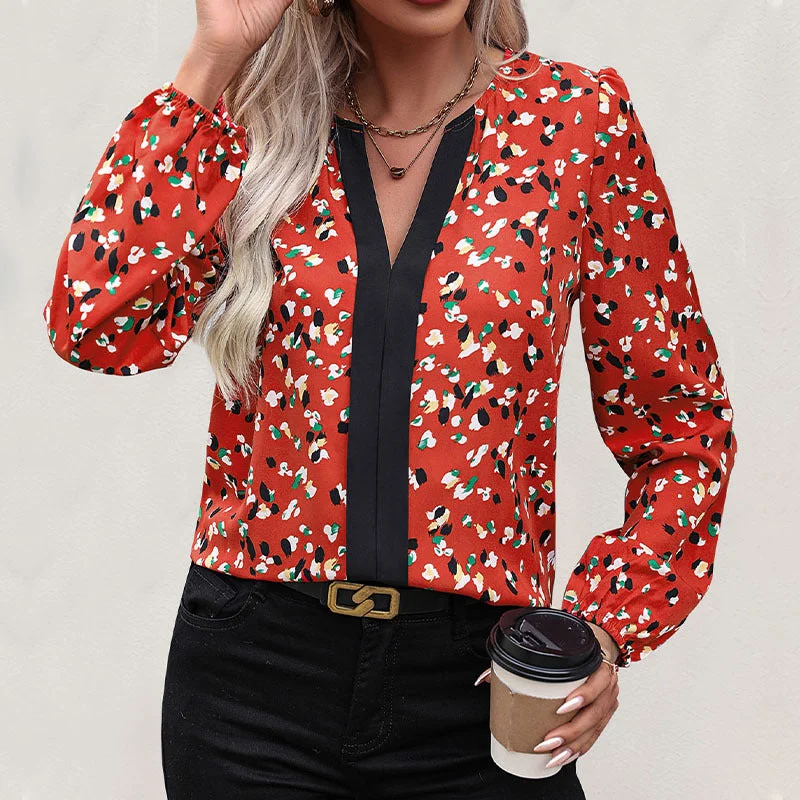 IKEARLAX New 2025  foreign trade women's clothing spring and autumn comfortable casual long-sleeved top V-neck contrasting splicing blouse Peter Pan Collar Blouse