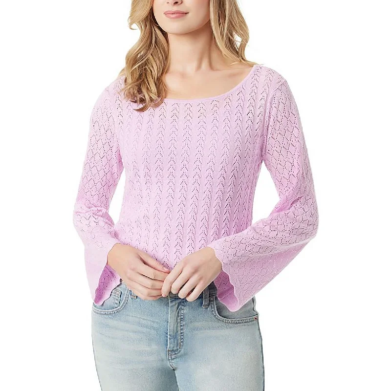 Womens Knitted Bell Sleeve Crewneck Sweater Toggled Drawstring Belted