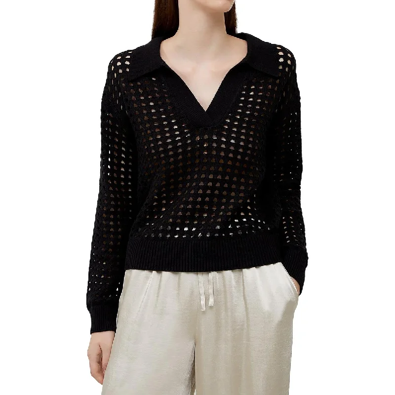 Manda Womens Pointelle Split Neck Pullover Sweater Mesh Blend Leather Blend Suede Blend Manda Womens Pointelle Split Neck Pullover Sweater Mesh Blend Leather Blend Suede Blend