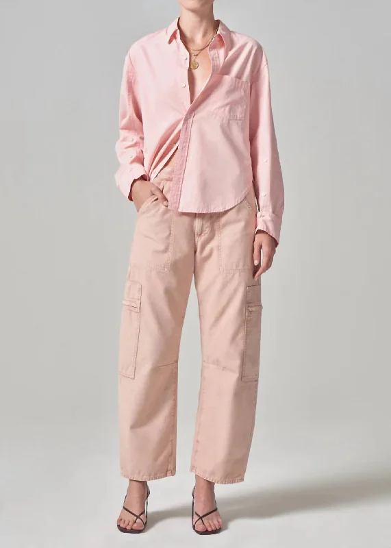Marcelle Low Slung Cargo Jeans In Roselle Sateen Elegant Tapered Leg Denim