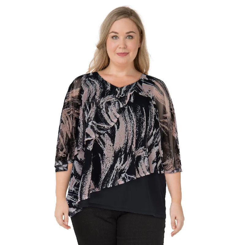 lily morgan Women's Plus Round Neck Two-Fer Blouse Ruched Sleeve Blouse