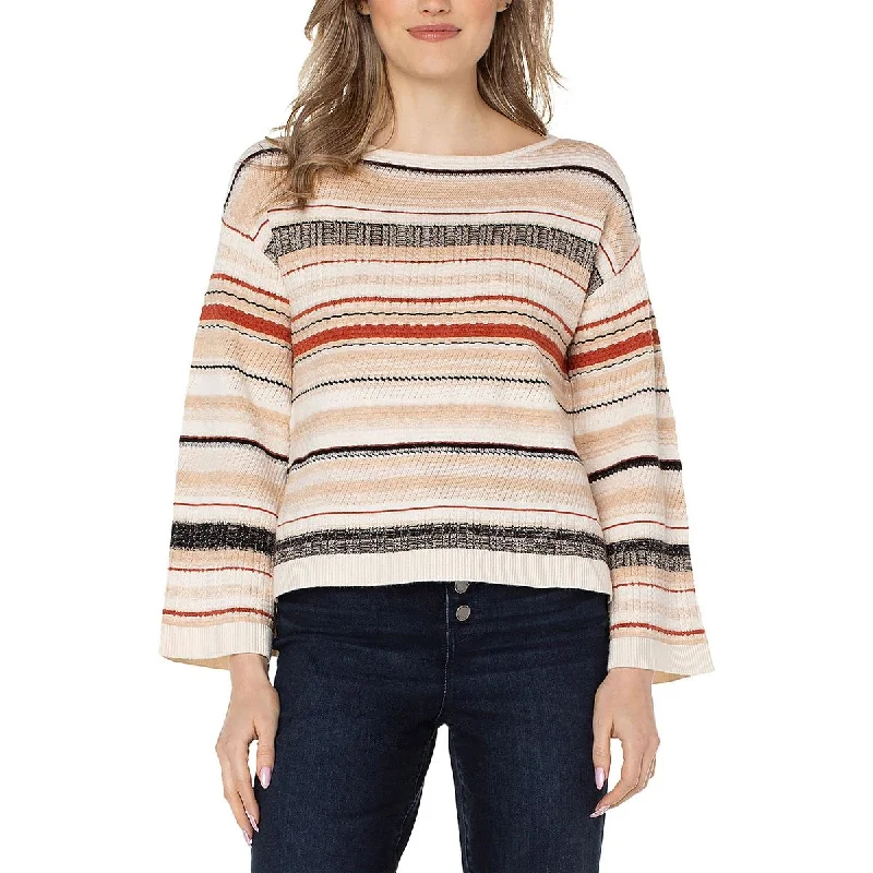Womens Boat Neck Striped Pullover Sweater Stretchy Elastic Breathable