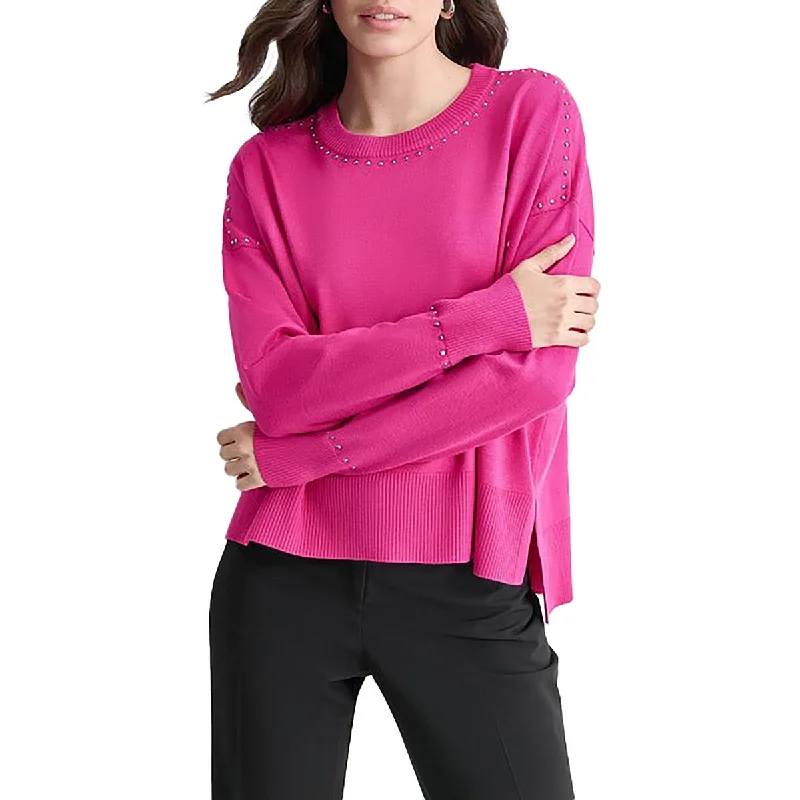 Womens Knit Studded Pullover Sweater Turtle Neck Boat Neck Asymmetrical Neck