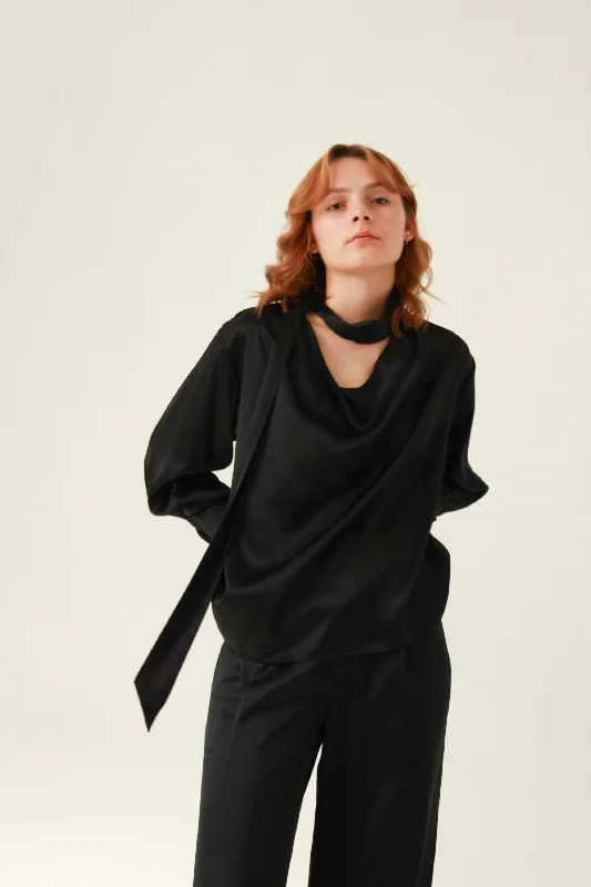 Lily Scarf Blouse 100% Silk - Black Mandarin Collar Blouse