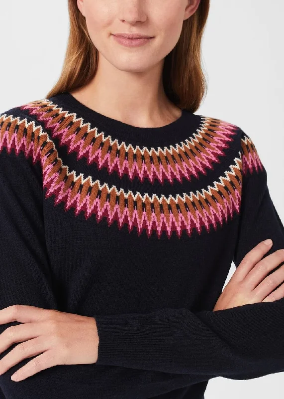 Greta Fairisle Jumper 0222/9073/9044l00 Navy-Pink Solid Color Striped Floral Print