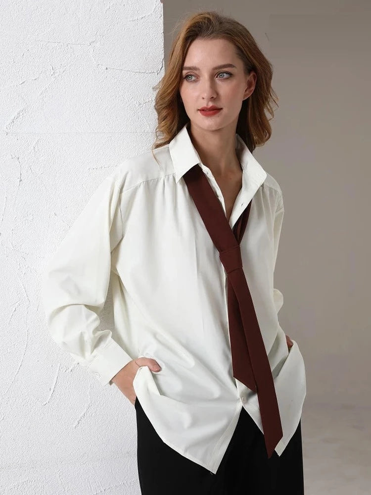 Spring Minimalist Long Sleeve Button Up Shirt Women Korean Style Solid Tie Oversize Shirts Blouse Loose Clothes Tops Classic White Blouse