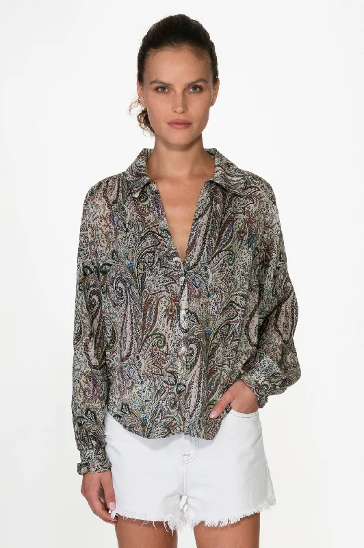Printed Flat Chiffon Silk Blouse Silky Draped Blouse