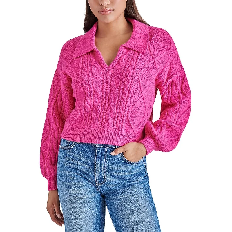 Cay Womens Cable Knit Collared Pullover Sweater Knit Fabric Woven Fabric Fleece Fabric