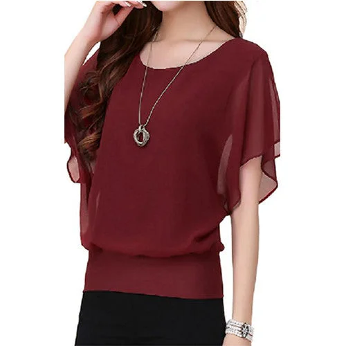 FINEJO Womens Candy Color Chiffon Tops Fitted Puff Sleeve Shirt Clubwear Blouse Vintage Polka Blouse