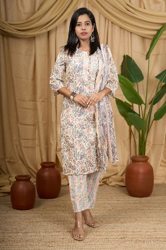 Cream Floral Cotton Women's Straight Kurta Set with Striped Pants and Dupatta Trendy High-Waist Trousers