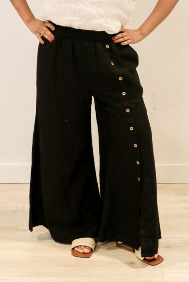 Bruna Button Wide Legged Pants - Black Classic Straight Pants