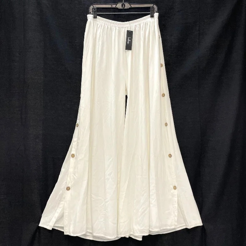 NWT Wmns LULUS White Ultra Wide Leg Button Up Side Boho Palazzo Pants Sz L Formal Linen Trousers NWT Wmns LULUS White Ultra Wide Leg Button Up Side Boho Palazzo Pants Sz L Formal Linen Trousers