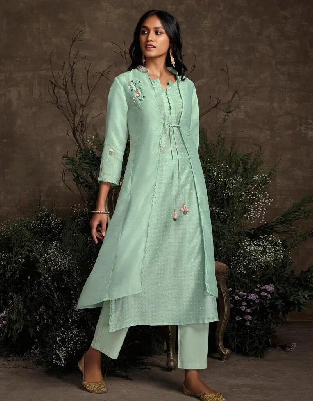 Aqua Green Berry Silk Pant Straight Trendy Wide-Legged Trousers
