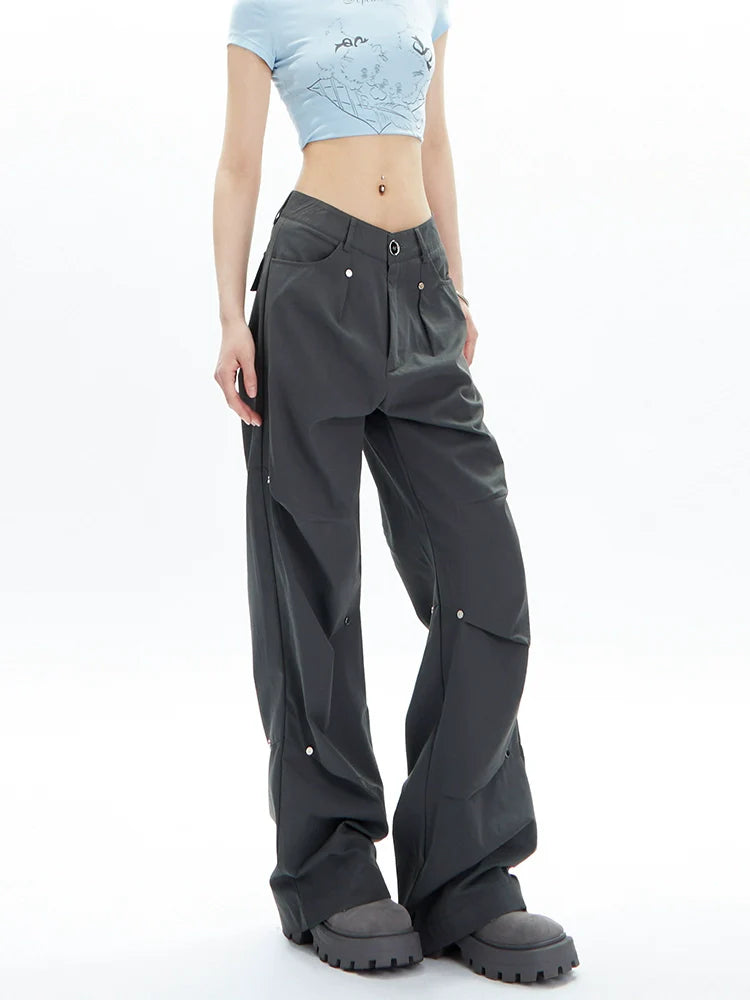 Charcoal Cargo-Style Wide-Leg Pants Stretch Fit Pants