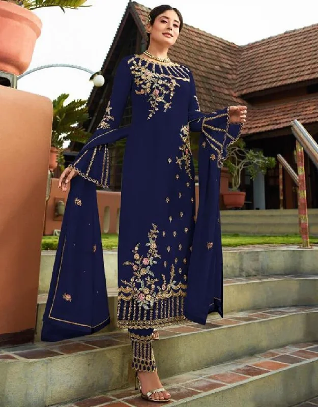 Royal Blue Heavy Faux Georgette Straight Pant High-Waist Trousers