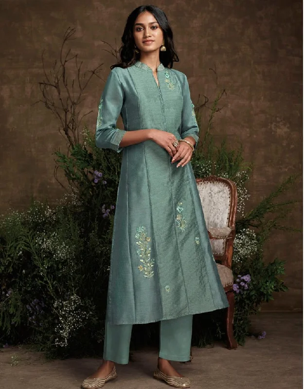 Sea Green Berry Silk Pant Straight Comfortable Pleated Pants