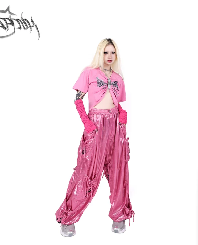 PINKSPINK Shiny Parachute Cargo Pants - Hot Pink Fashionable Sporty Pants