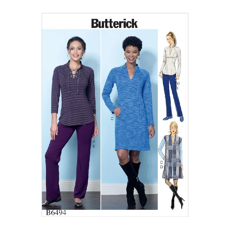 Butterick Pattern B6494 Misses' Knit Raglan Sleeve Tops and Dress, Vest, and Pull-On Pants Soft Stretch Leggings