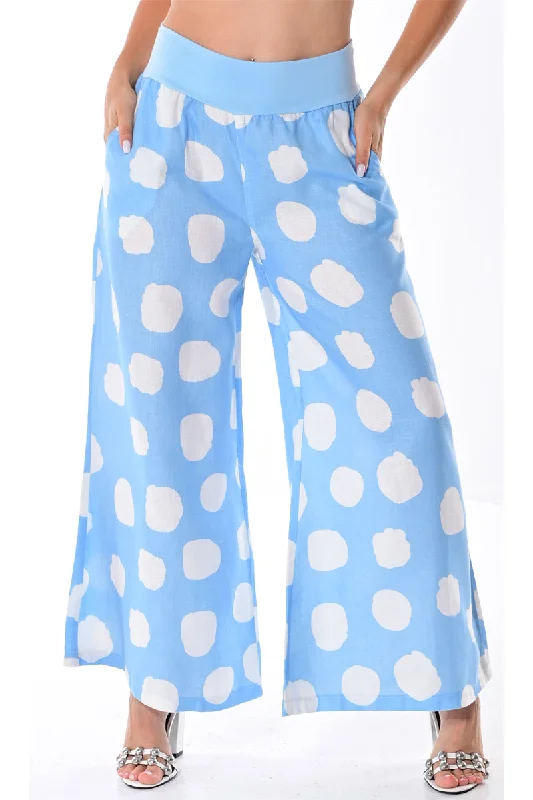 Azucar Ladies 100% Linen Pants w/Wide Leg & Wide Waist Band. Polka-Dot Print/Cloud in (2) Colors -LLWP104 Stylish Elastic Waist Pants Azucar Ladies 100% Linen Pants w/Wide Leg & Wide Waist Band. Polka-Dot Print/Cloud in (2) Colors -LLWP104 Stylish Elastic Waist Pants