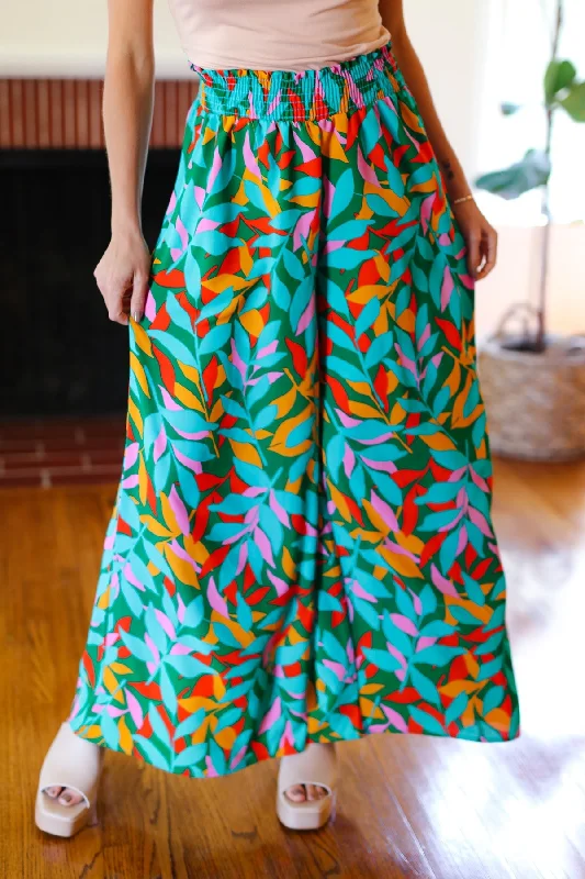 Summer Vibes Green & Orange Abstract Print Smocked Palazzo Pants Cozy Fitted Pants