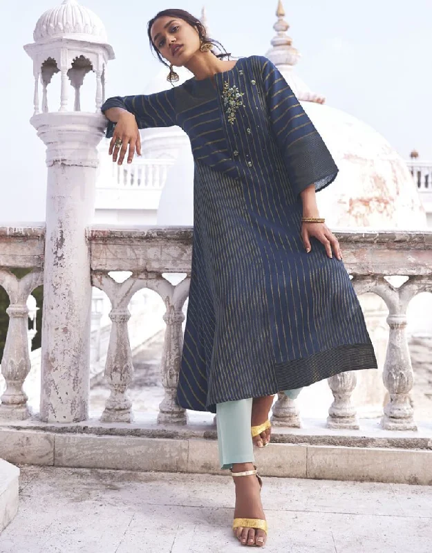 Navy Blue Linen Cotton Handloom Dress Pant Elegant High-Waist Pants