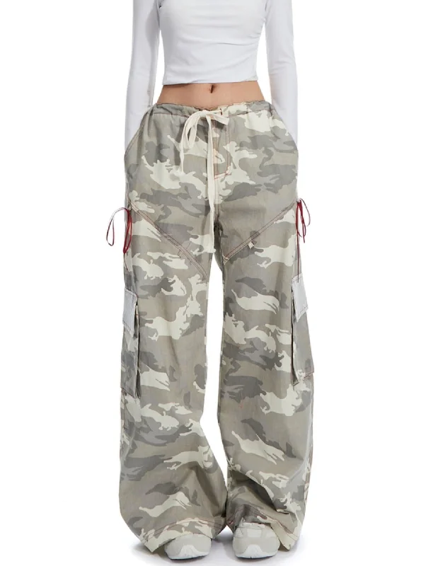 Wide-Leg Camouflage Cargo Pants Formal Linen Trousers
