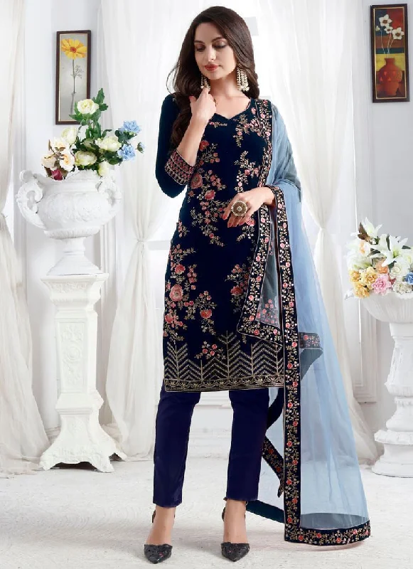 Navy Blue Georgette Pant Suit Comfy Zip-Up Pants