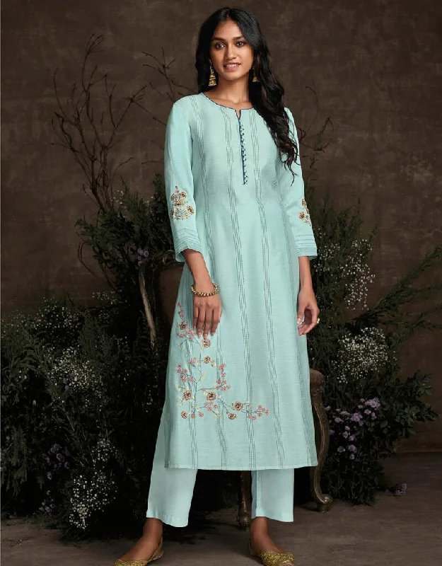 Sky Blue Berry Silk Pant Straight Chic Wool Trousers
