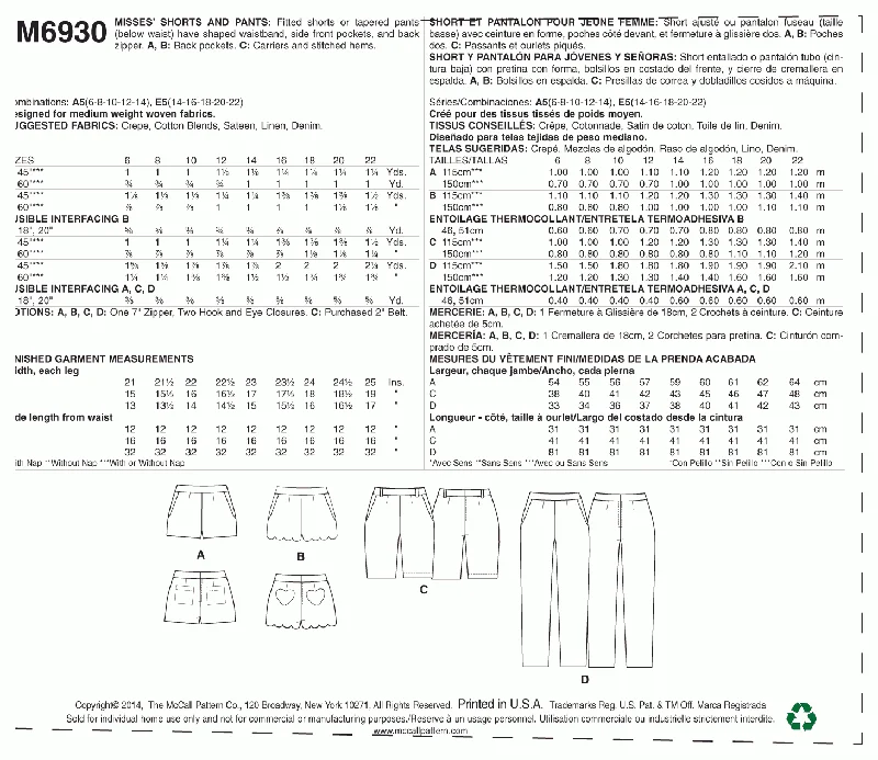 McCall's Pattern M6930 Misses' Shorts and Pants Comfortable Denim Trousers