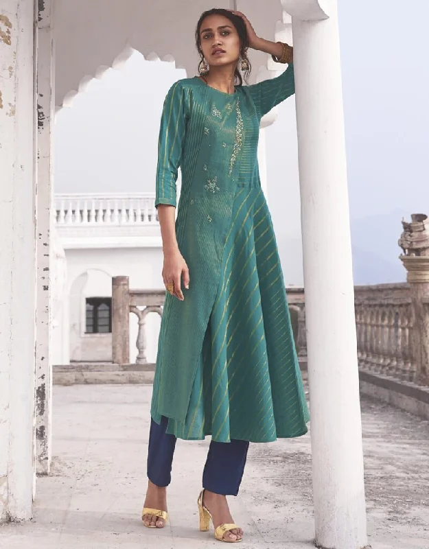 Teal Linen Cotton Handloom Dress Pant Comfy Zip-Up Pants