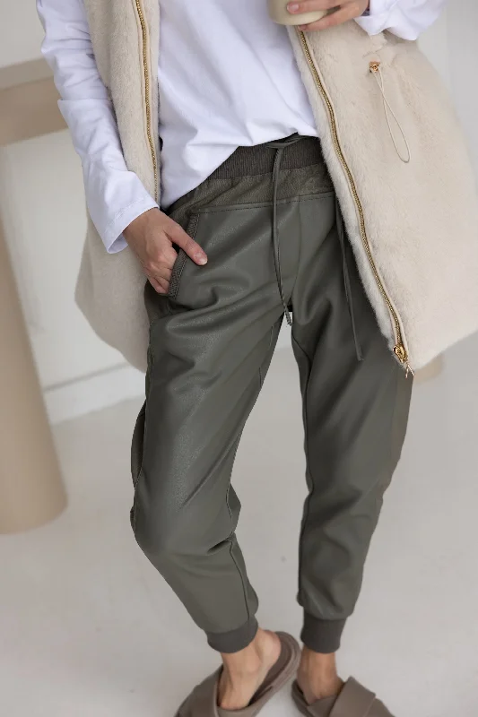 JOEY Pants Vegan Leather Olive Fashionable Tapered Leg Pants