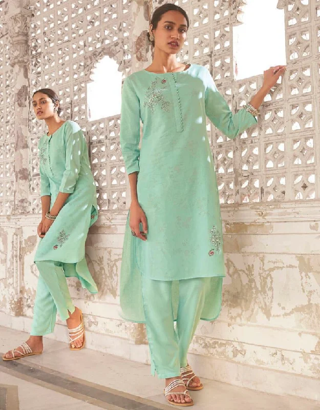 Aqua Green Linen Cotton Pant Dress Classic Pleated Pants