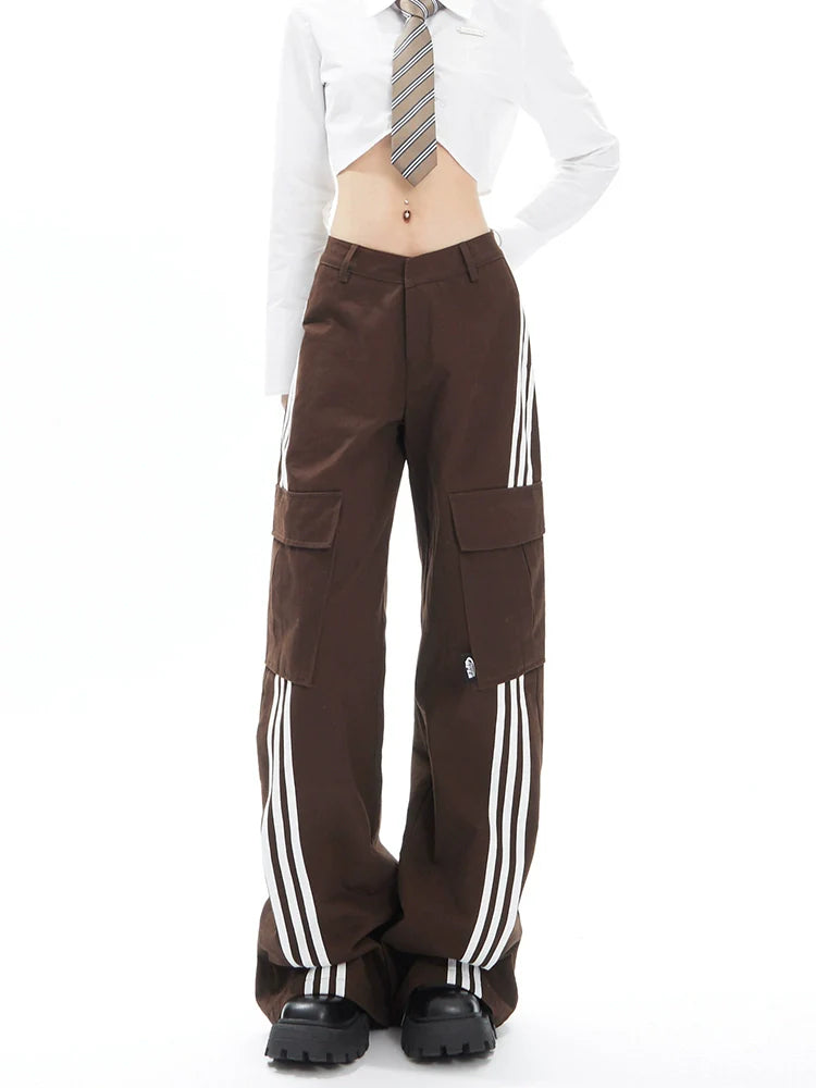 Brown Wide-Leg Cargo Track Pants Soft Stretch Leggings