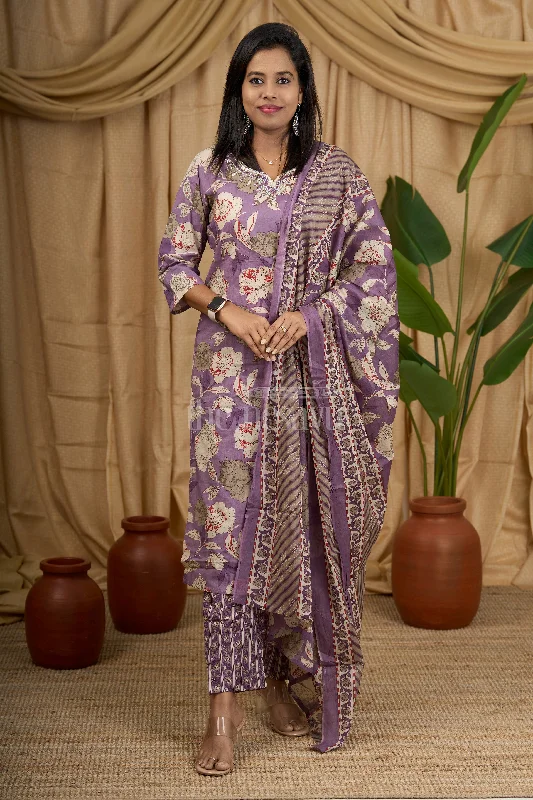 Purple Floral Cotton Women's Straight Kurta Set with Striped Pants and Dupatta Chic Wool Trousers