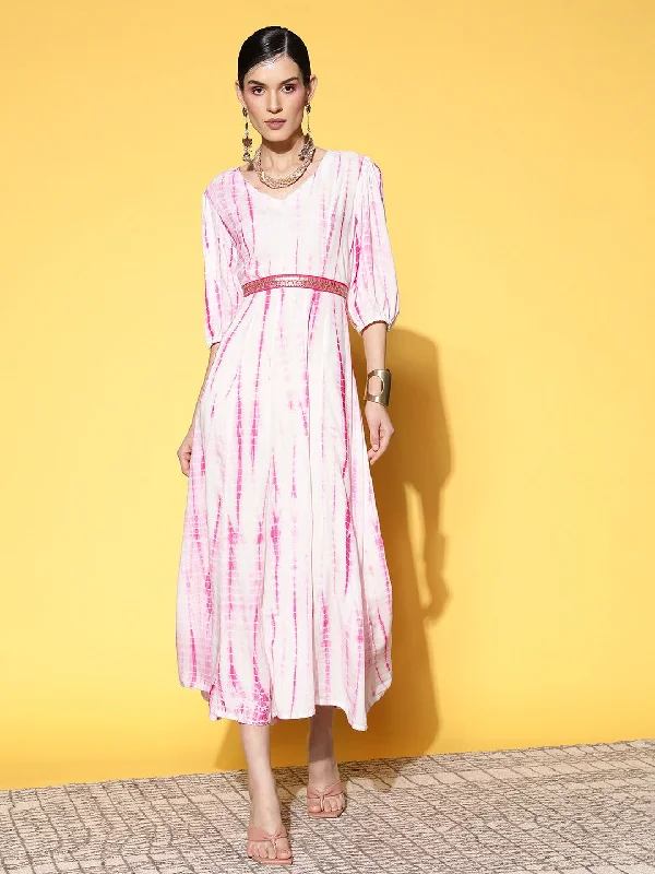 Women White And Pink Viscose Rayon Dress