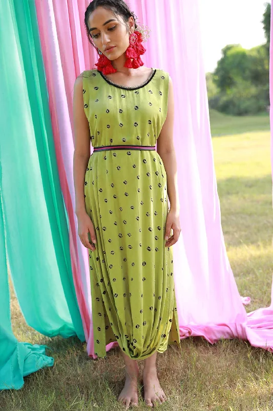 Green Boxy Draped Dress with Belt