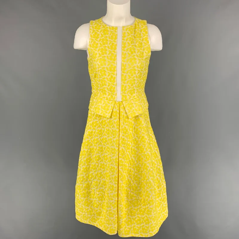 JIL SANDER Size 2 Yellow White Jacquard Cotton Blend A-Line Dress
