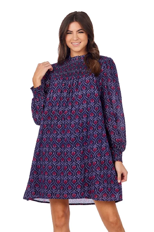 Navy Block Print Bennington Smocked Dress by Mudpie
