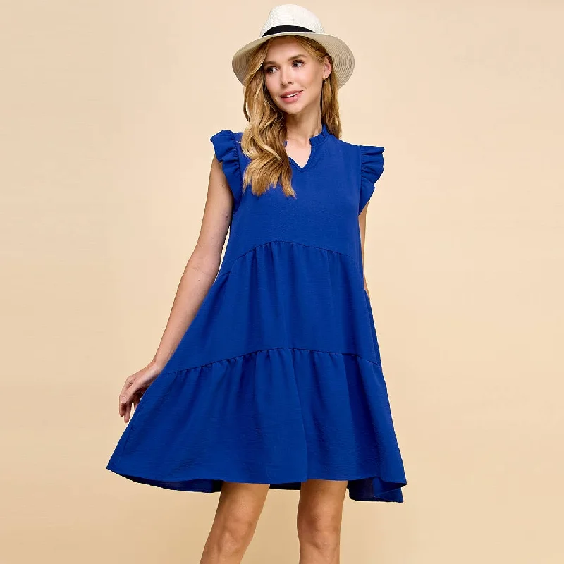 V Neck Ruffled Sleeves Solid Dress in Royal Blue