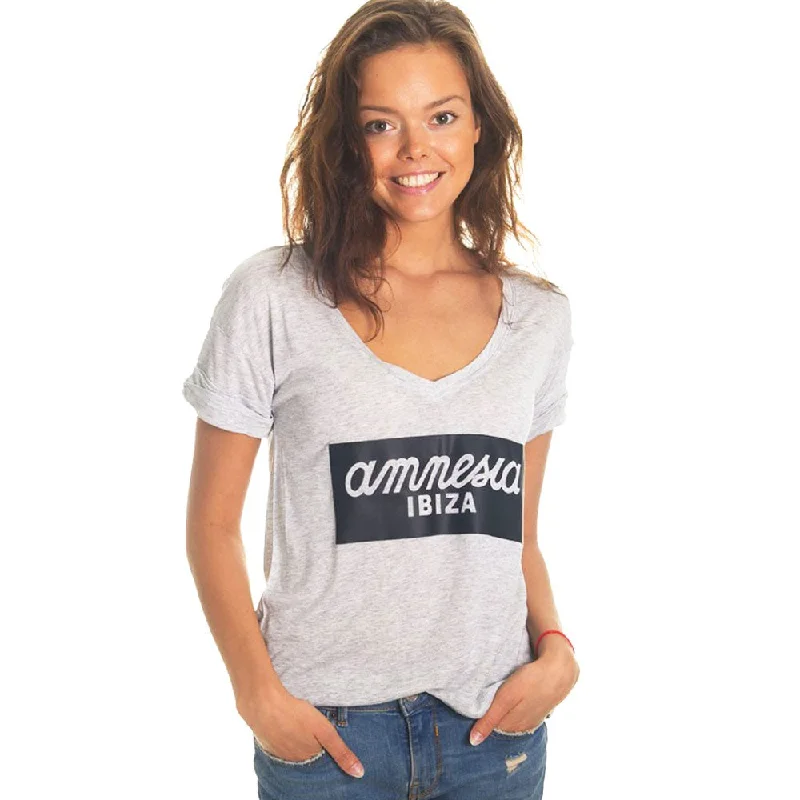 Amnesia Ibiza Women's Grey T-shirt with Leather Look Logo Plaid T-Shirt Polka Dot Checkered