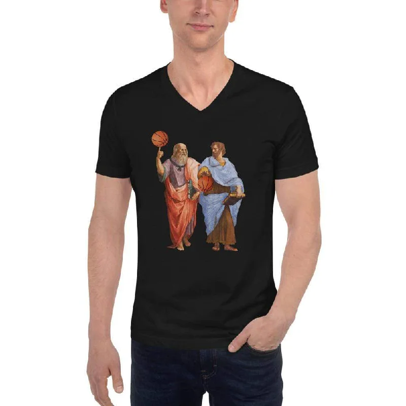 Aristotle and Plato with Basketballs - Unisex V-Neck T-Shirt Terry Blend Velvet Blend Canvas Blend Aristotle and Plato with Basketballs - Unisex V-Neck T-Shirt Terry Blend Velvet Blend Canvas Blend