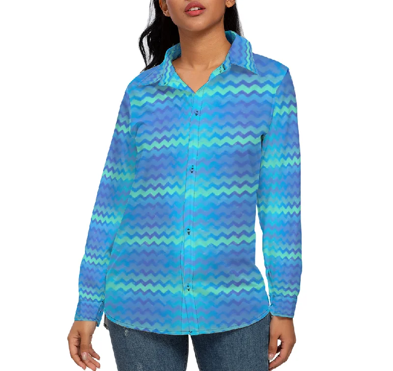 Blue Green Mermaid Chevron Stripes All Over Print Women's Long Sleeves Shirt Casual Formal Business Blue Green Mermaid Chevron Stripes All Over Print Women's Long Sleeves Shirt Casual Formal Business