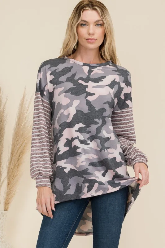 Celeste Full Size Camo Print High-Low T-Shirt with Stripe Sleeves Spandex Blend Rayon Blend Denim Blend
