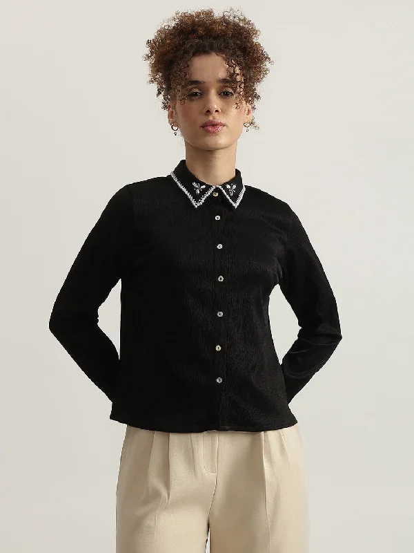 Centrestage Women Black Solid Spread Collar Full Sleeves Shirt Solid Color Striped Floral Centrestage Women Black Solid Spread Collar Full Sleeves Shirt Solid Color Striped Floral