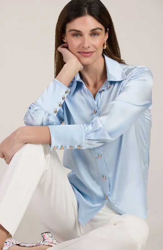 Chloe Silk Charmeuse Shirt - Light Blue Embroidered Appliqued Beaded
